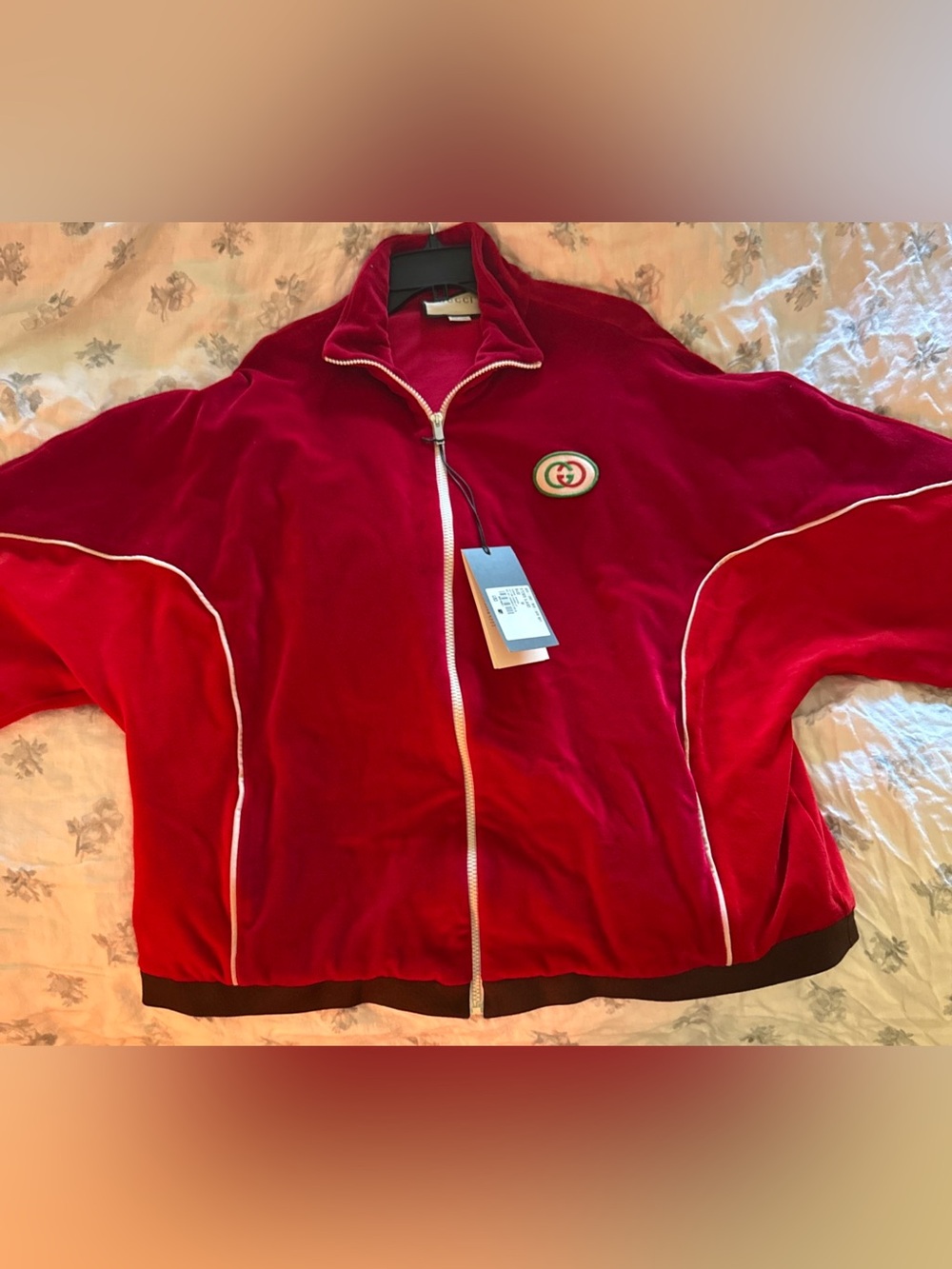 GUCCI Cotton Chenille Cherry Red Bomber Jacket/GG logo, oversized, size M